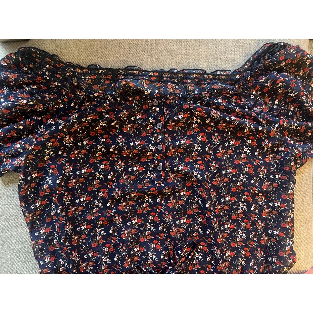 Sheer Navy Floral Off Shoulder Puff Sleeve Peasant Top Ruffle Smocked Elastic